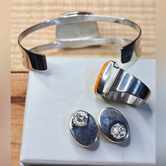 Jay King Orange and spiny shell Sterling silver .925 bracelet, earring and ring